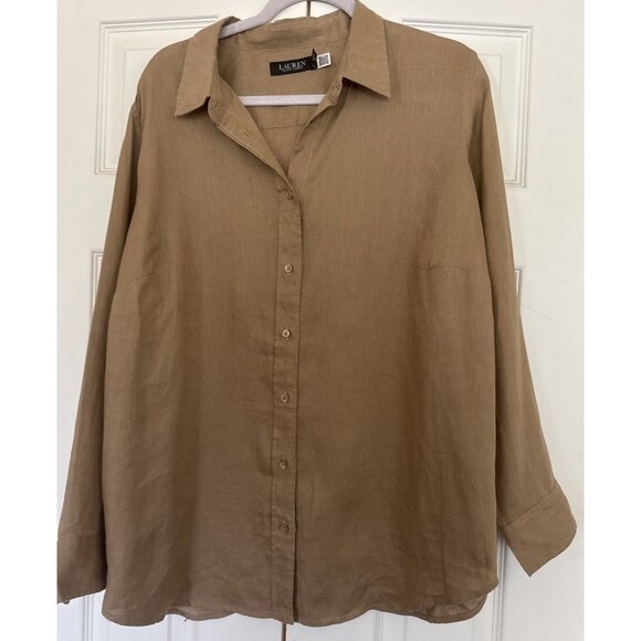 Lauren Ralph Lauren Camel Brown 100% Linen Button Down Long Sleeve Top Womens 1X - Picture 1 of 6
